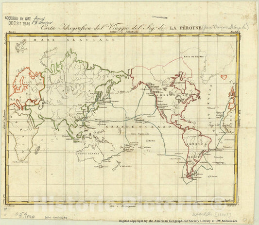 Map : World 1800, Carta Idrografica del Viaggio del Sigr. di La Perouse, Antique Vintage Reproduction