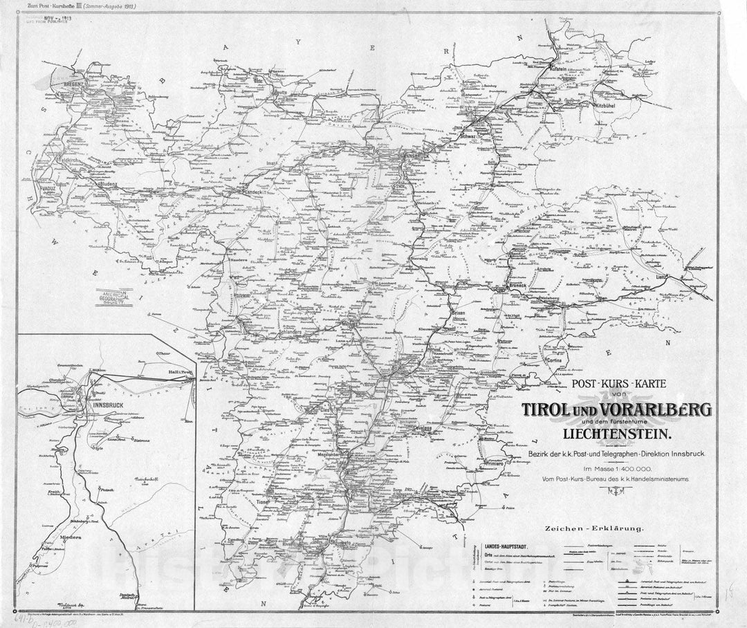 Map : Austria and Switzerland 1913 1, Post-Kurs Karte von Oesterreich unter der Enns , Antique Vintage Reproduction