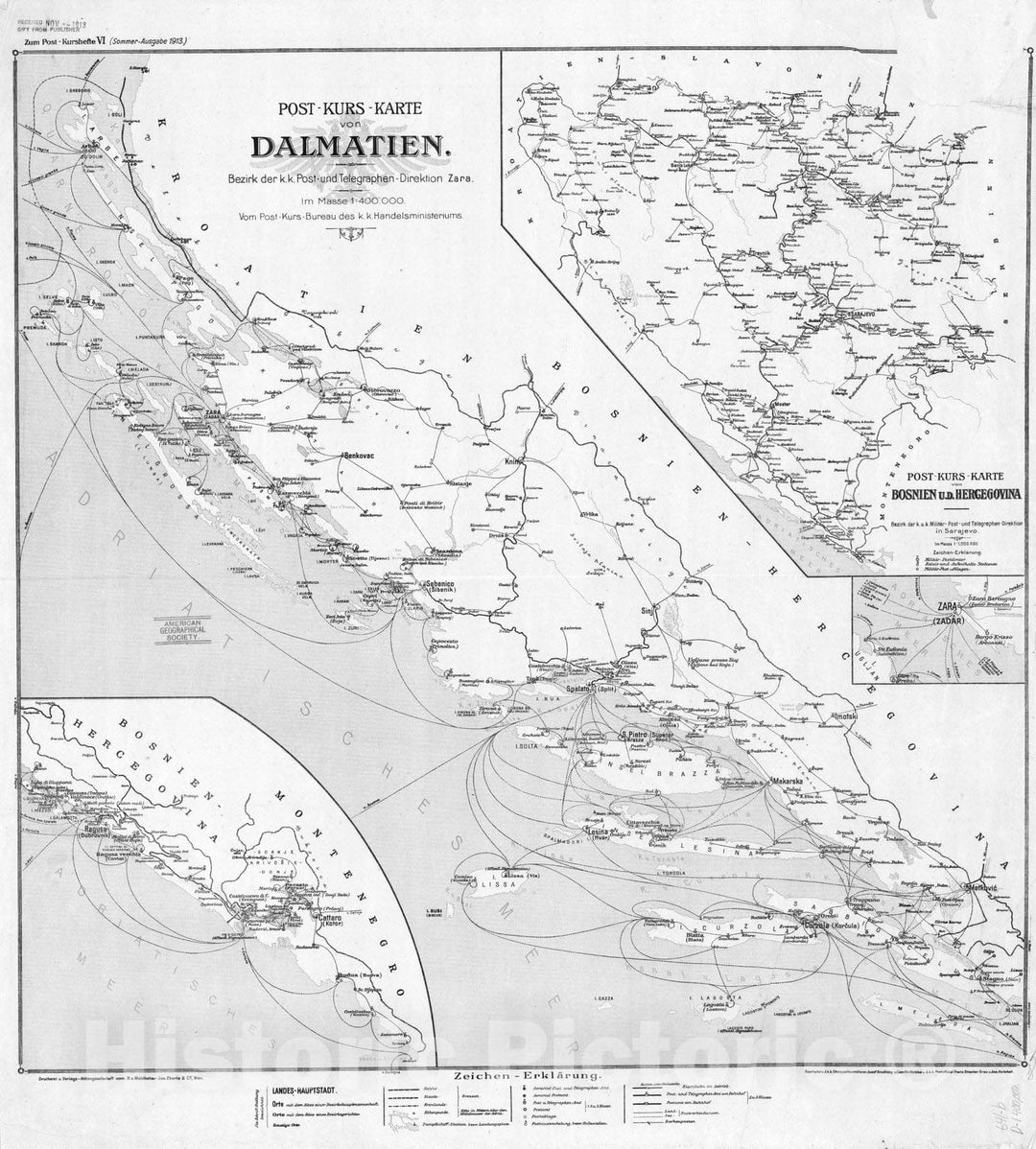 Map : Austria and Switzerland 1913 9, Post-Kurs Karte von Oesterreich unter der Enns , Antique Vintage Reproduction