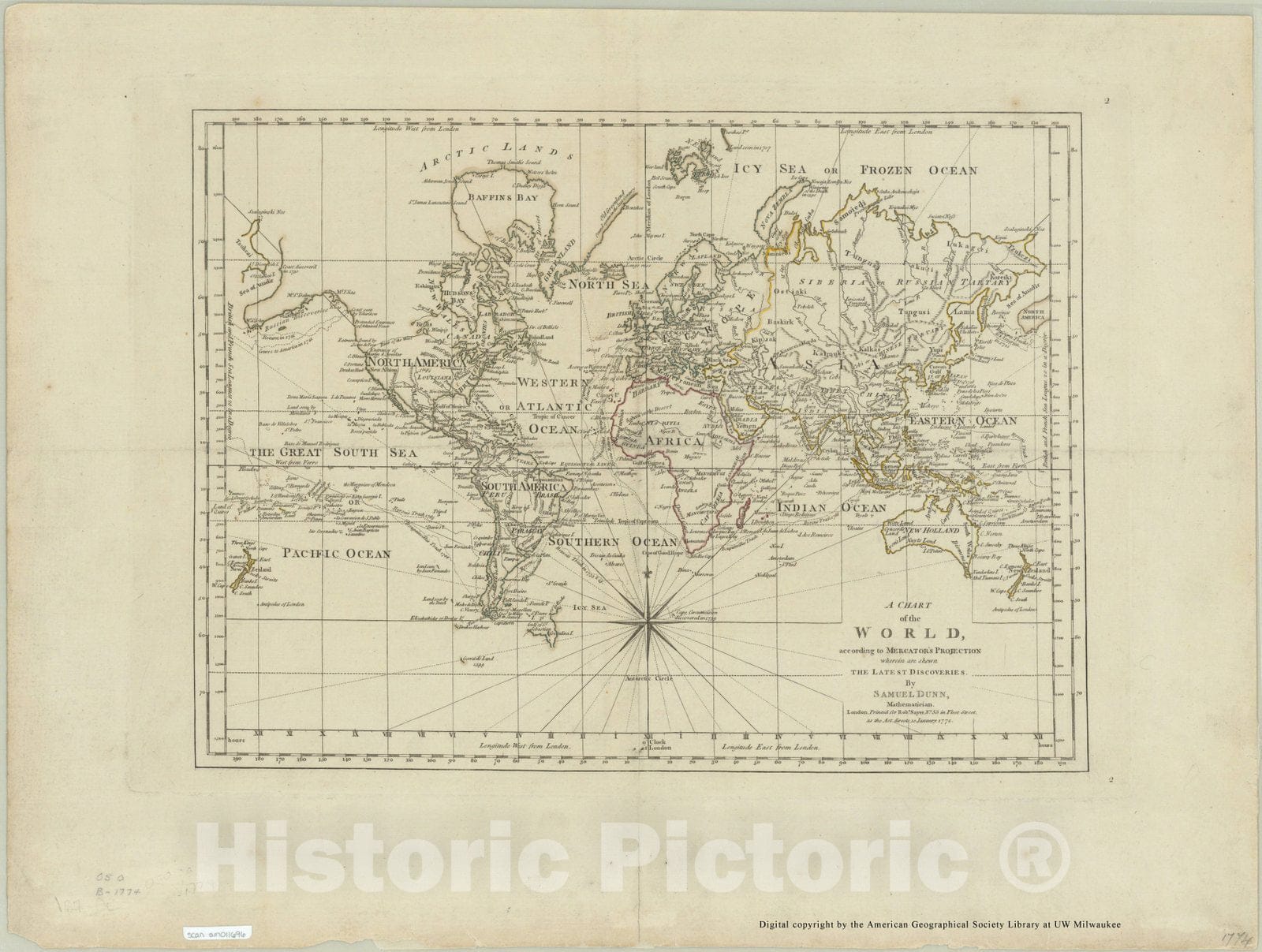 Map : World 1774, A chart of the world, according to Mercator's projection : wherein are shewn the latest discoveries , Antique Vintage Reproduction