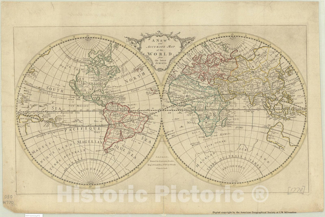 Map : World 1770, A new and accurate map of the world, from the latest surveys, Antique Vintage Reproduction