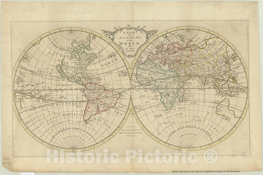 Map : World 1770, A new and accurate map of the world, from the latest surveys, Antique Vintage Reproduction