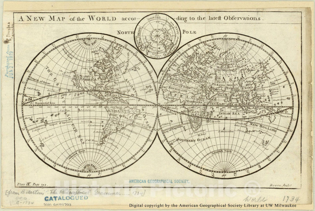 Map : World 1735, A new map of the world according to the latest observations , Antique Vintage Reproduction