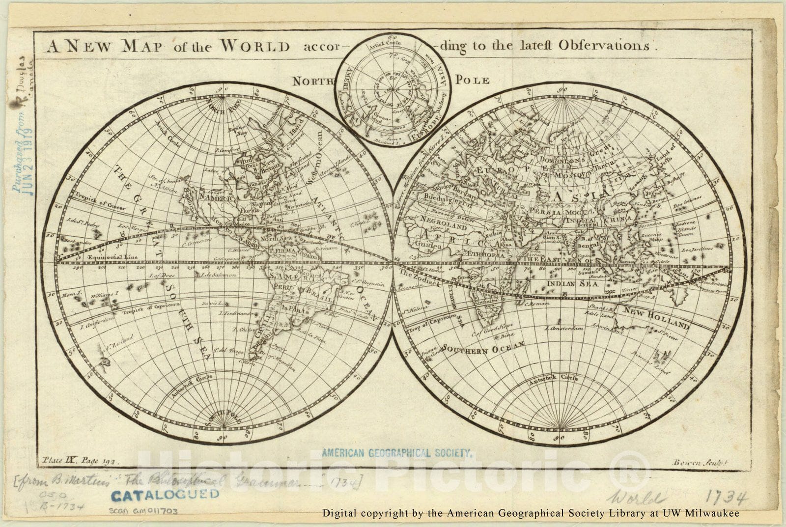 Map : World 1735, A new map of the world according to the latest observations , Antique Vintage Reproduction