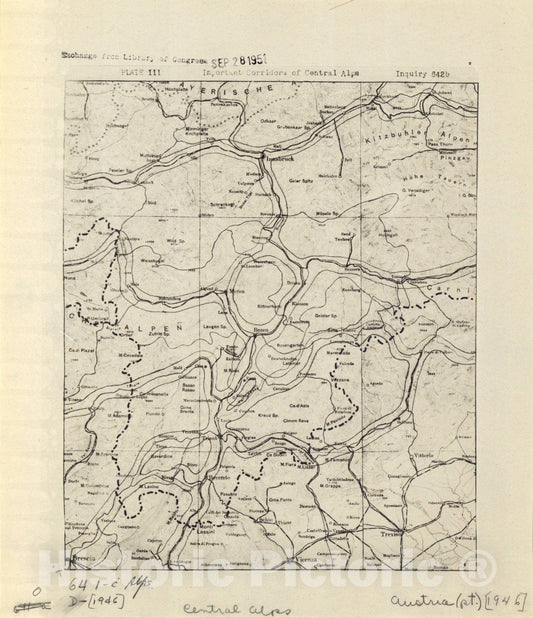 Map : Austrian Alps 1946, Plate III, Important corridors of Central Alps, Inquiry 642B, Antique Vintage Reproduction