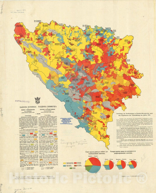 Map : Bosnia and Hercegovina 1910, Razdioba Konfesija u Bosni i Hercegovina po resultatima popisa ziteljstva godine 1910, Antique Vintage Reproduction