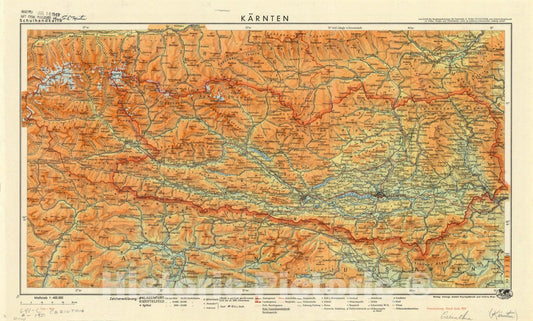 Map : Carinthia, Austria 1937, Schulhandkarte Karnten , Antique Vintage Reproduction