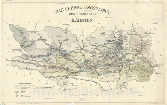Map : Carinthia, Austria 1916, Das Verwaltungsgebiet des Kronlandes KA?rnten , Antique Vintage Reproduction