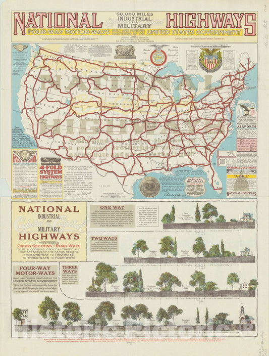 Map : United States 1928, National industrial and military highways , Antique Vintage Reproduction