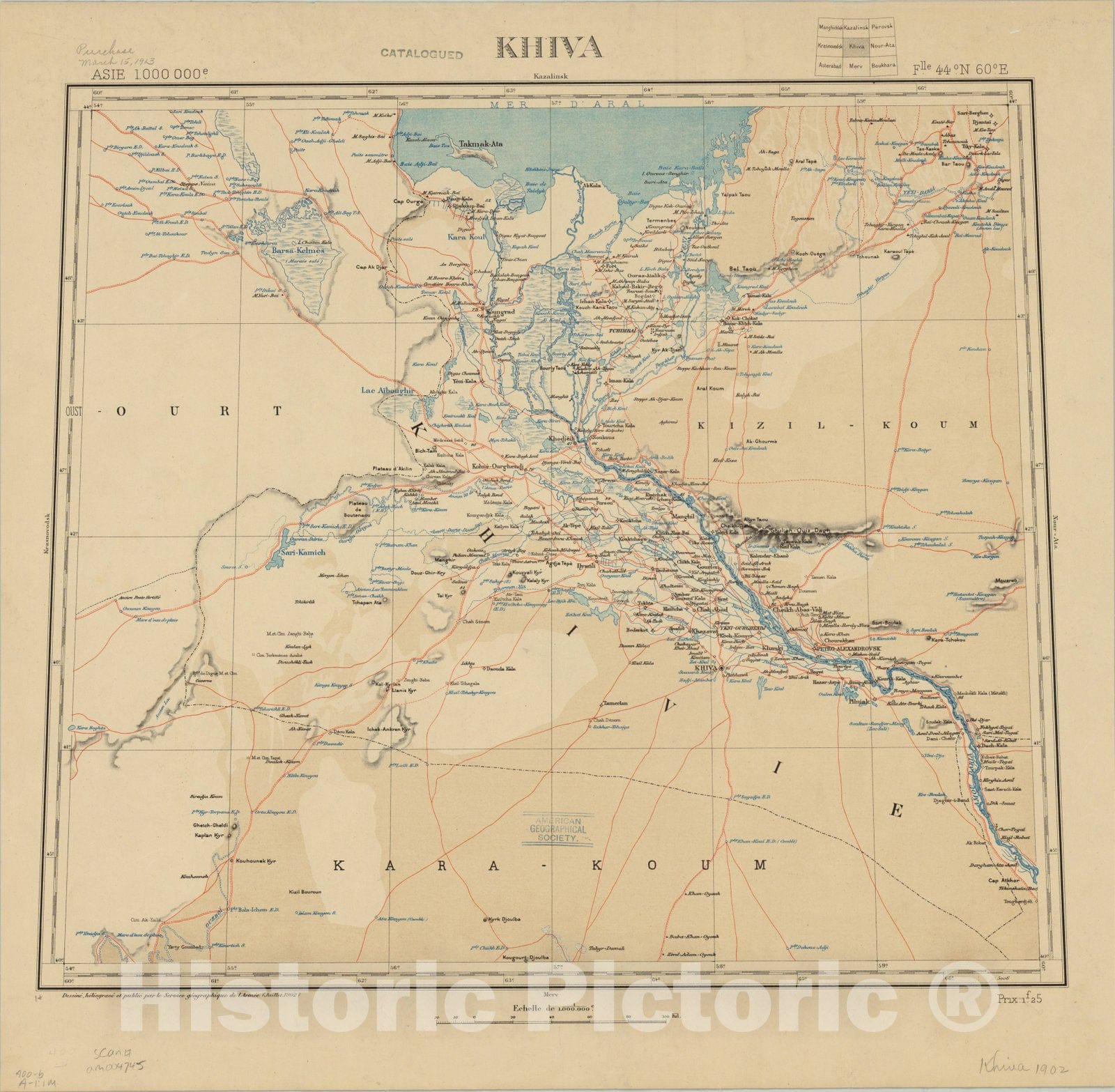 Map : Khiva, Uzbekistan 1902, Asie 1. 000 000e Khiva flle 44 N 60 E, Antique Vintage Reproduction