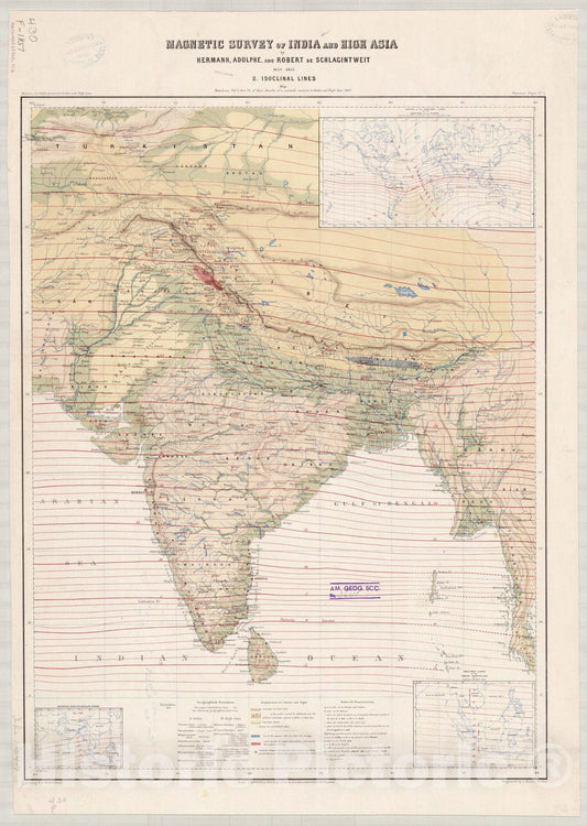 Map : India 1861 3, Magnetic survey of India and High Asia , Antique Vintage Reproduction