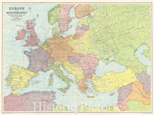Map : Europe 1939 2, Bartholomew's map of Europe & the Mediterranean showing communications and political boundaries , Antique Vintage Reproduction