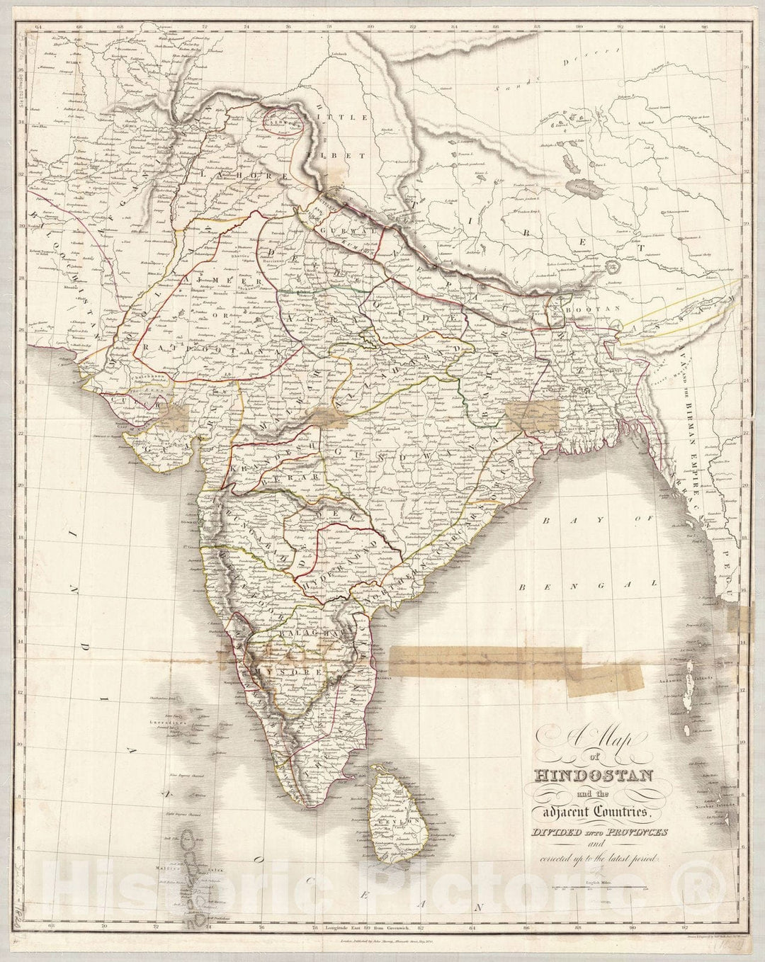 Map : India 1820, A Map of Hindostan and the adjacent countries divided into provinces and corrected up to the latest periods , Antique Vintage Reproduction