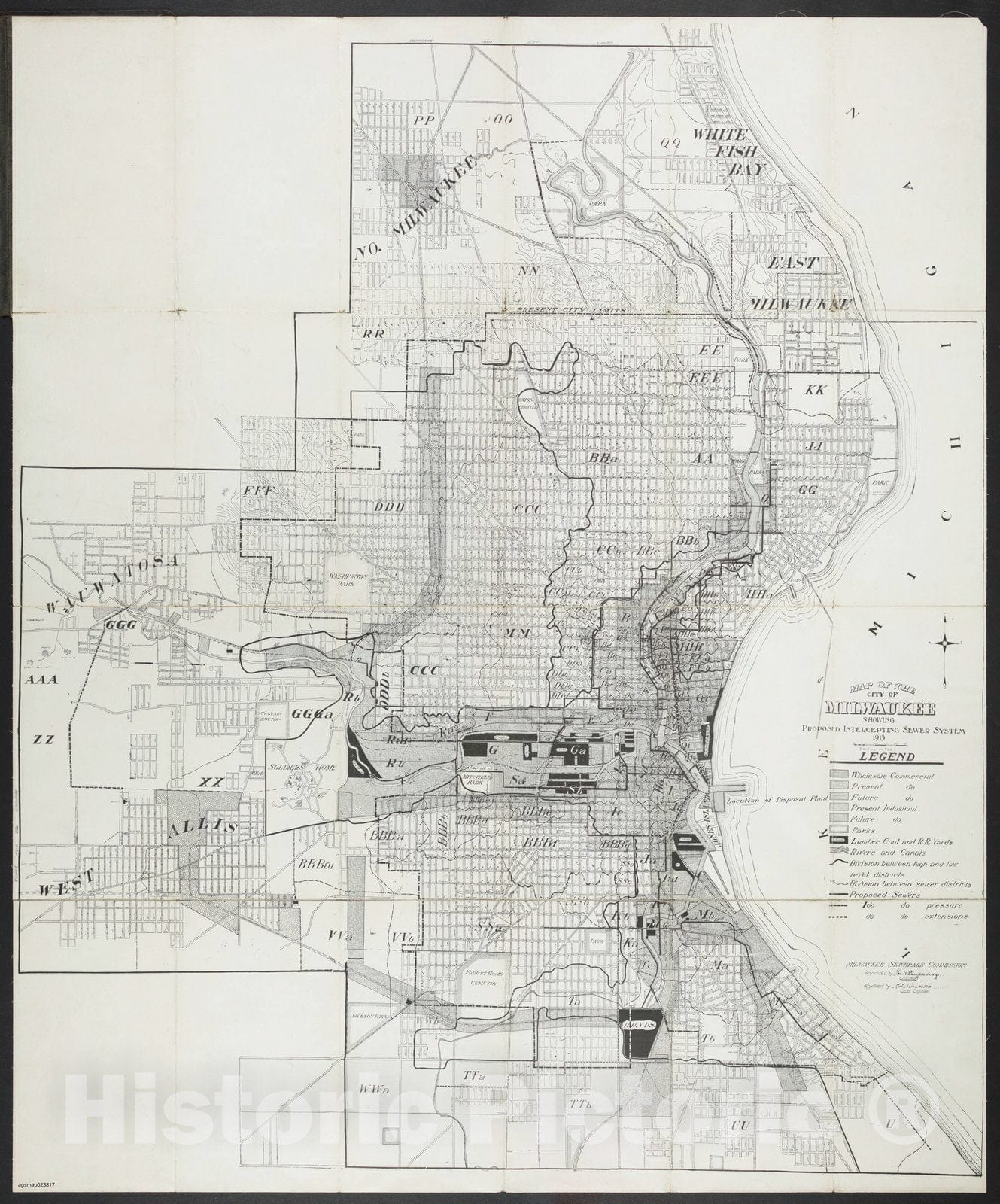 Map : Milwaukee, Wisconsin 1915, Map of the city of Milwaukee showing proposed intercepting sewer system 1915 , Antique Vintage Reproduction