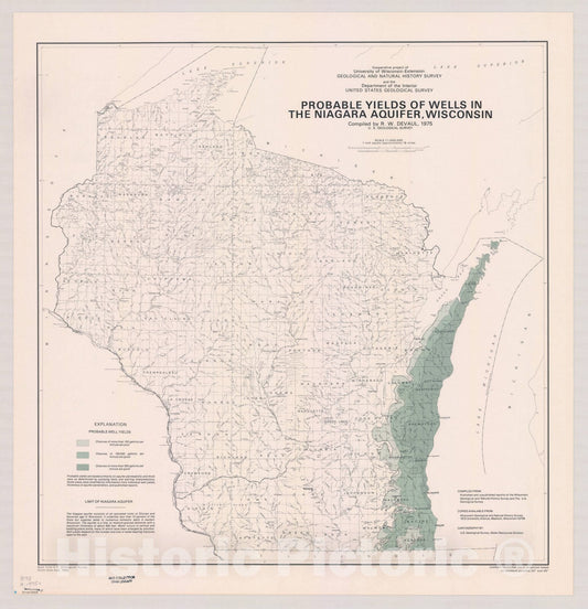 Map : Wisconsin 1975, Probable yields of wells in the Niagara aquifer, Wisconsin. , Antique Vintage Reproduction
