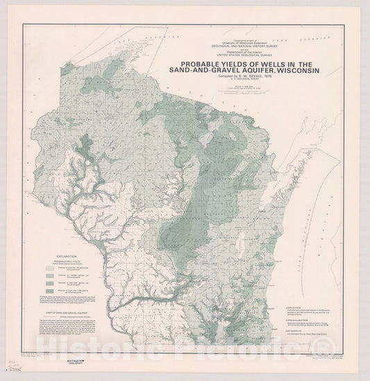 Map : Wisconsin 1975, Probable yields of wells in the sand-and-gravel aquifer, Wisconsin. , Antique Vintage Reproduction