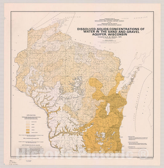 Map : Wisconsin 1975, Dissolved solids concentrations of water in the sand-and-gravel aquifer, Wisconsin , Antique Vintage Reproduction