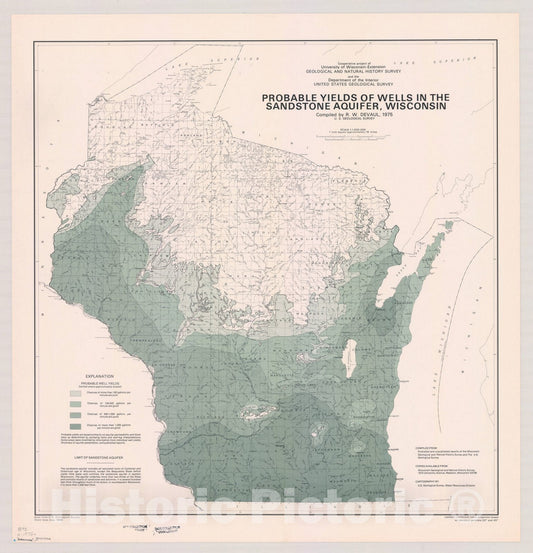 Map : Wisconsin 1975, Probable yields of wells in the sandstone aquifer, Wisconsin , Antique Vintage Reproduction