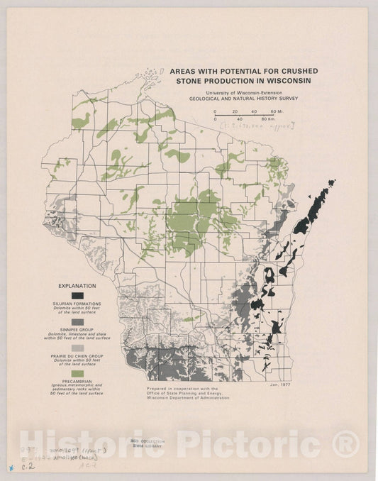 Map : Wisconsin 1977 1, Areas with potential for crushed stone production in Wisconsin , Antique Vintage Reproduction