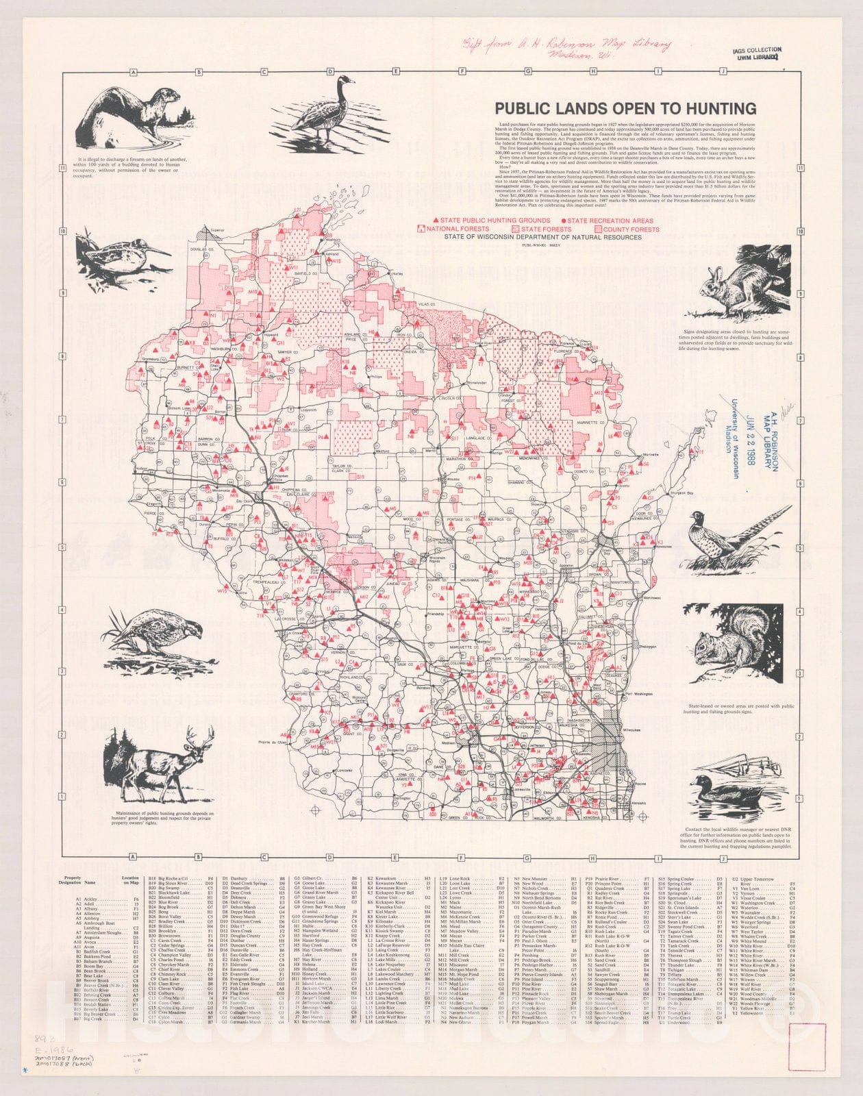 Map : Wisconsin 1986, Public lands open to hunting , Antique Vintage Reproduction
