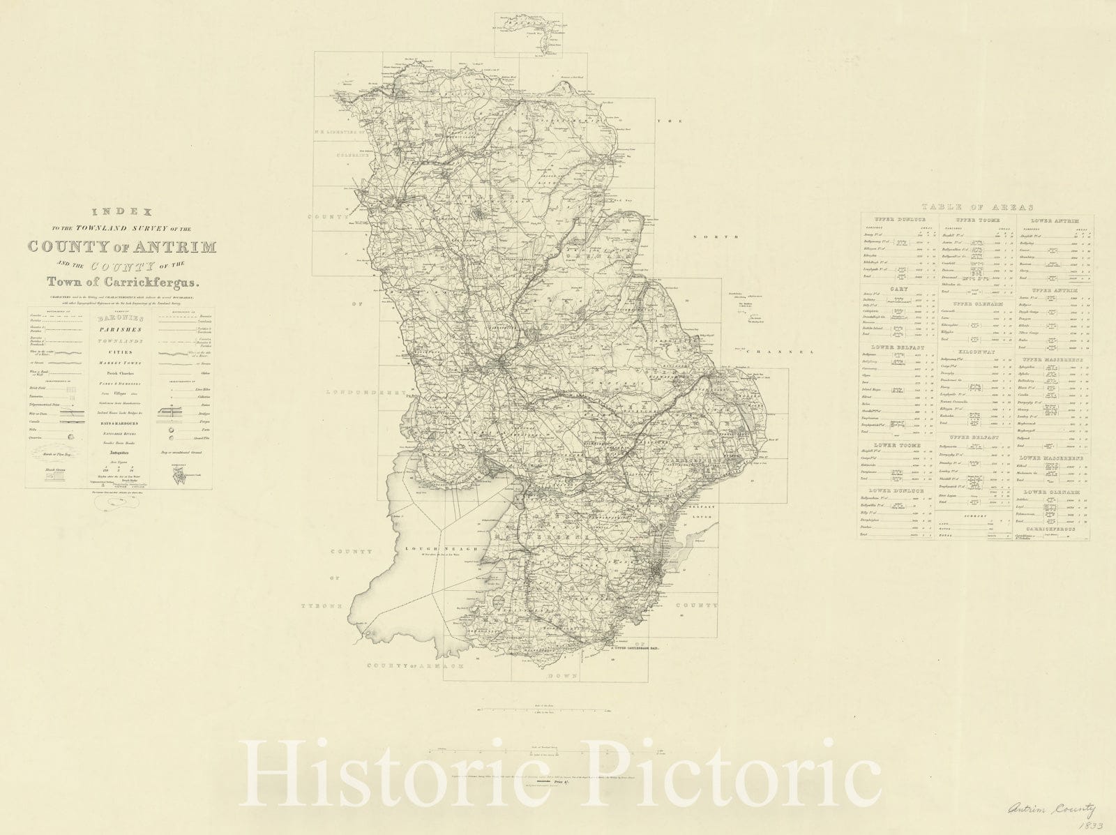 Historic Map : Antrim County, Northern Ireland 1833, Index to the Townland Survey of the county of Antrim and the county of the Town of Carrickfergus , Antique Vintage Reproduction