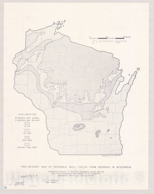 Map : Wisconsin c1970 2, Preliminary map of probable well yields from bedrock in Wisconsin , Antique Vintage Reproduction