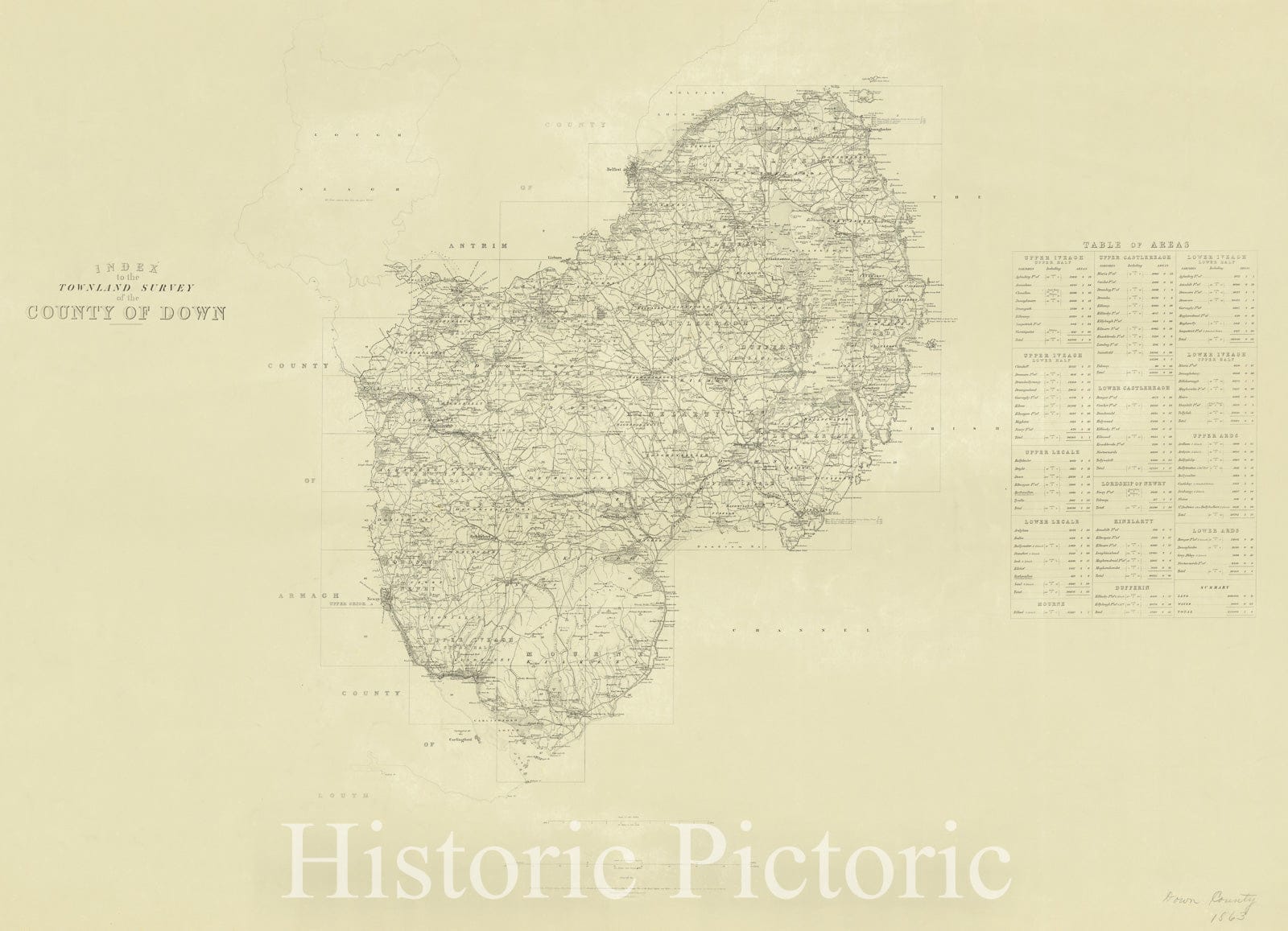 Map : Down, Northern Ireland 1863, Index to the Townland Survey of the County of Down , Antique Vintage Reproduction