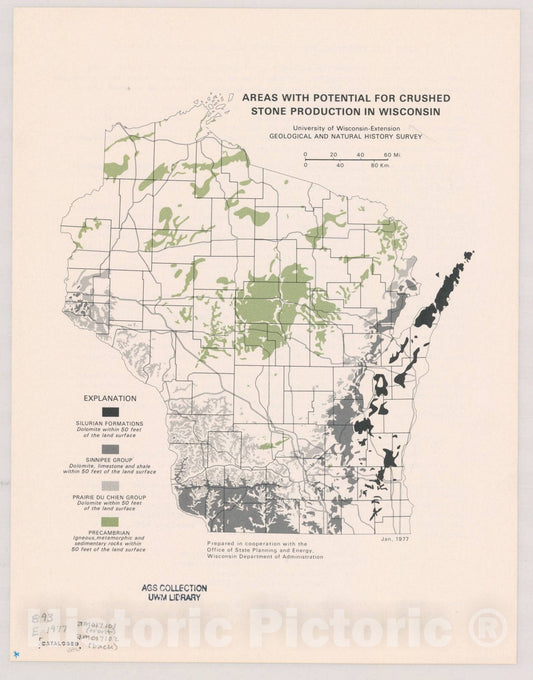Map : Wisconsin 1977 5, Areas with potential for crushed stone production in Wisconsin , Antique Vintage Reproduction