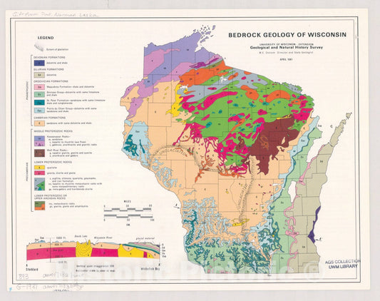 Map : Wisconsin 1981, Bedrock geology of Wisconsin , Antique Vintage Reproduction