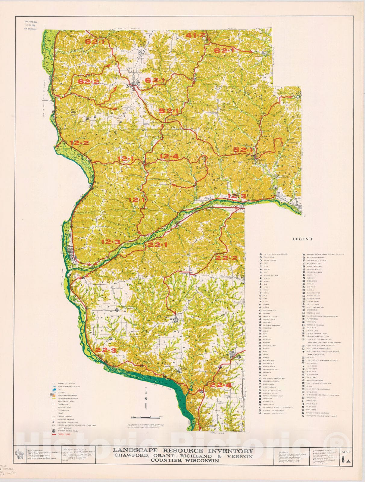Map : Crawford, Grant, Richland & Vernon counties, Wisconsin 1964 2, Landscape resource inventory ... Wisconsin. , Antique Vintage Reproduction