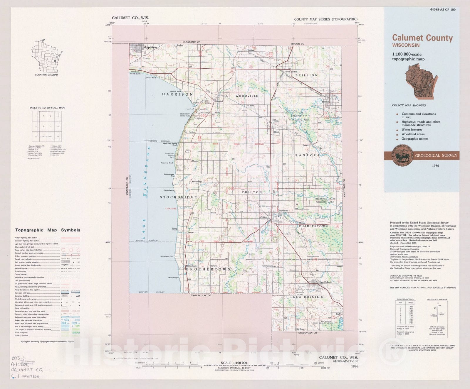 Map : Calumet County, Wisconsin 1986, County map series (topographic), [Wisconsin] , Antique Vintage Reproduction