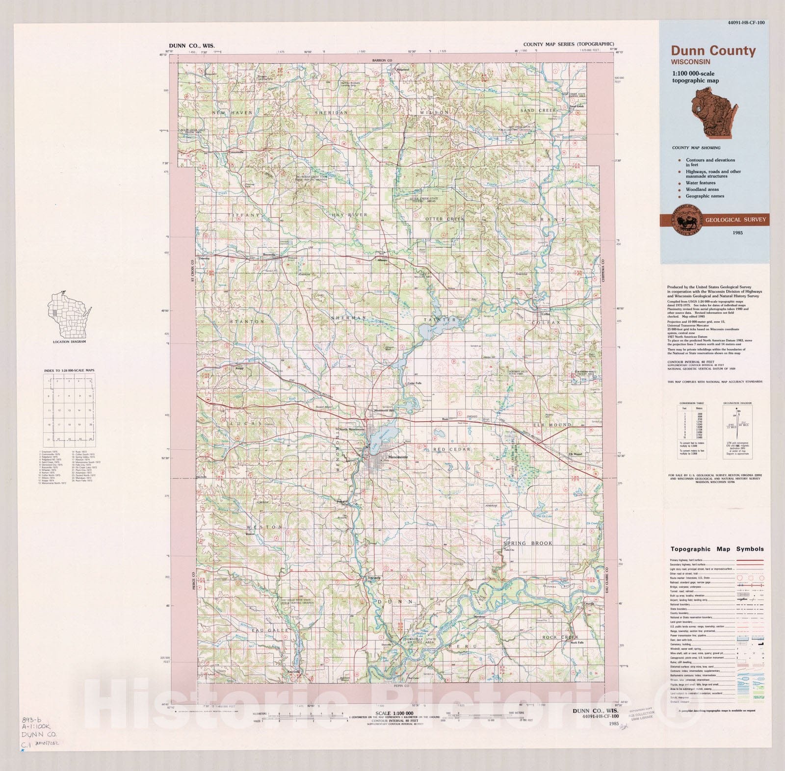 Map : Dunn County, Wisconsin 1985, County map series (topographic), [Wisconsin] , Antique Vintage Reproduction