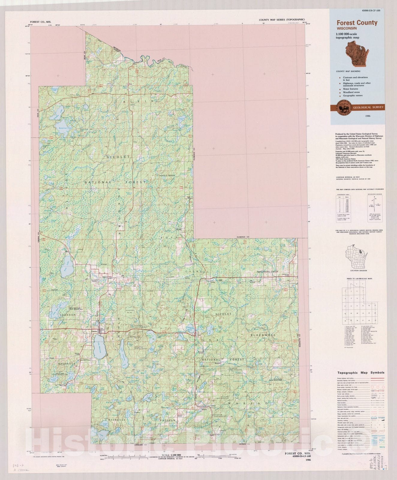 Map : Forest County, Wisconsin 1986, County map series (topographic), [Wisconsin] , Antique Vintage Reproduction