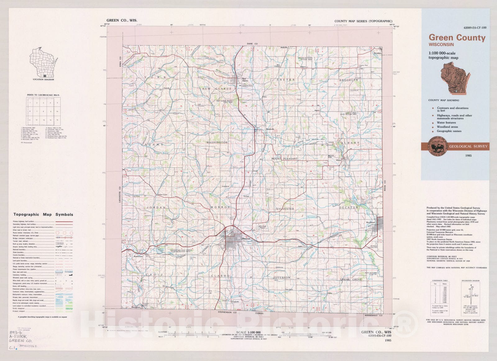 Map : Green County, Wisconsin 1985, County map series (topographic), [Wisconsin] , Antique Vintage Reproduction