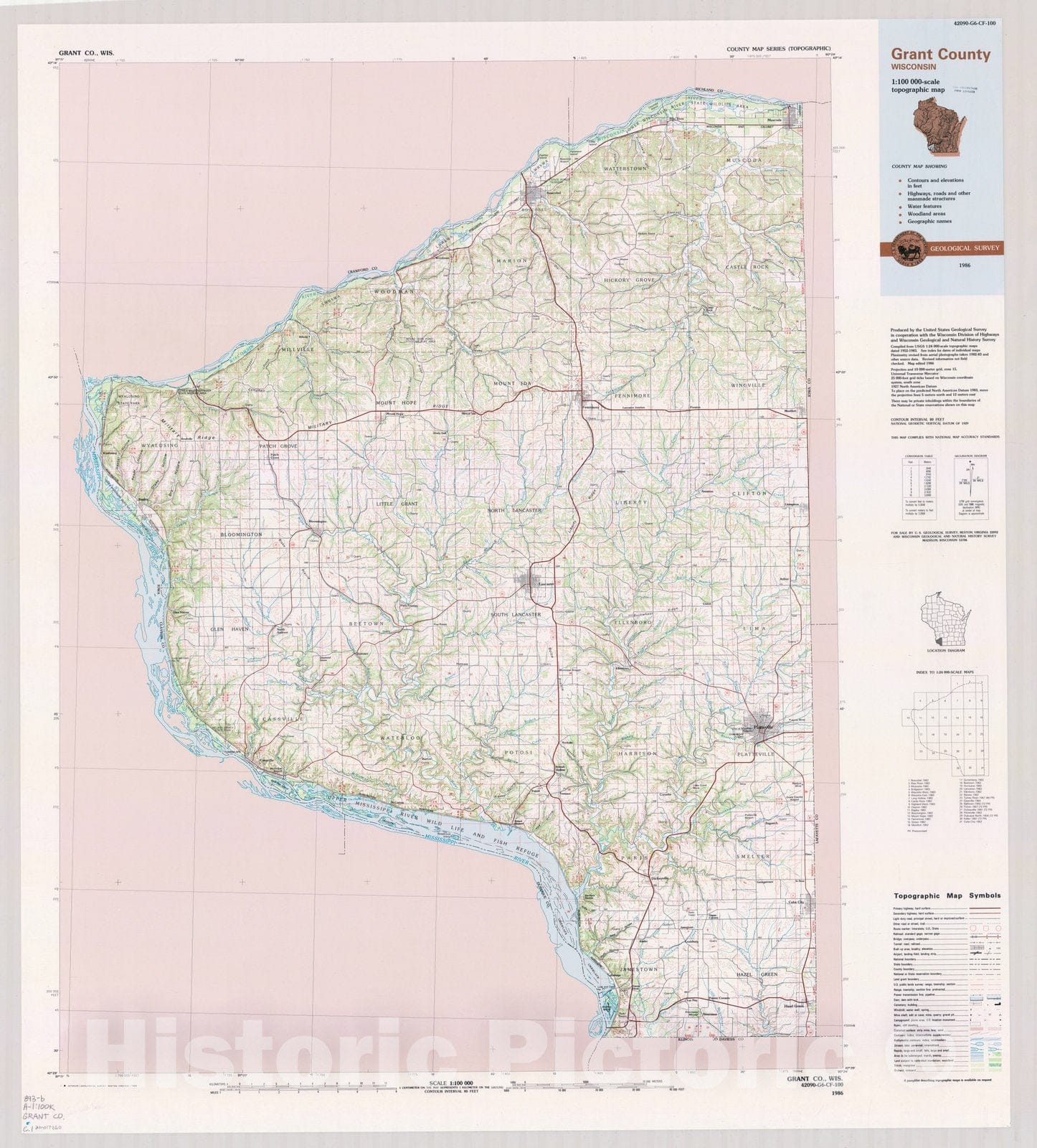 Map : Grant County, Wisconsin 1986, County map series (topographic), [Wisconsin] , Antique Vintage Reproduction