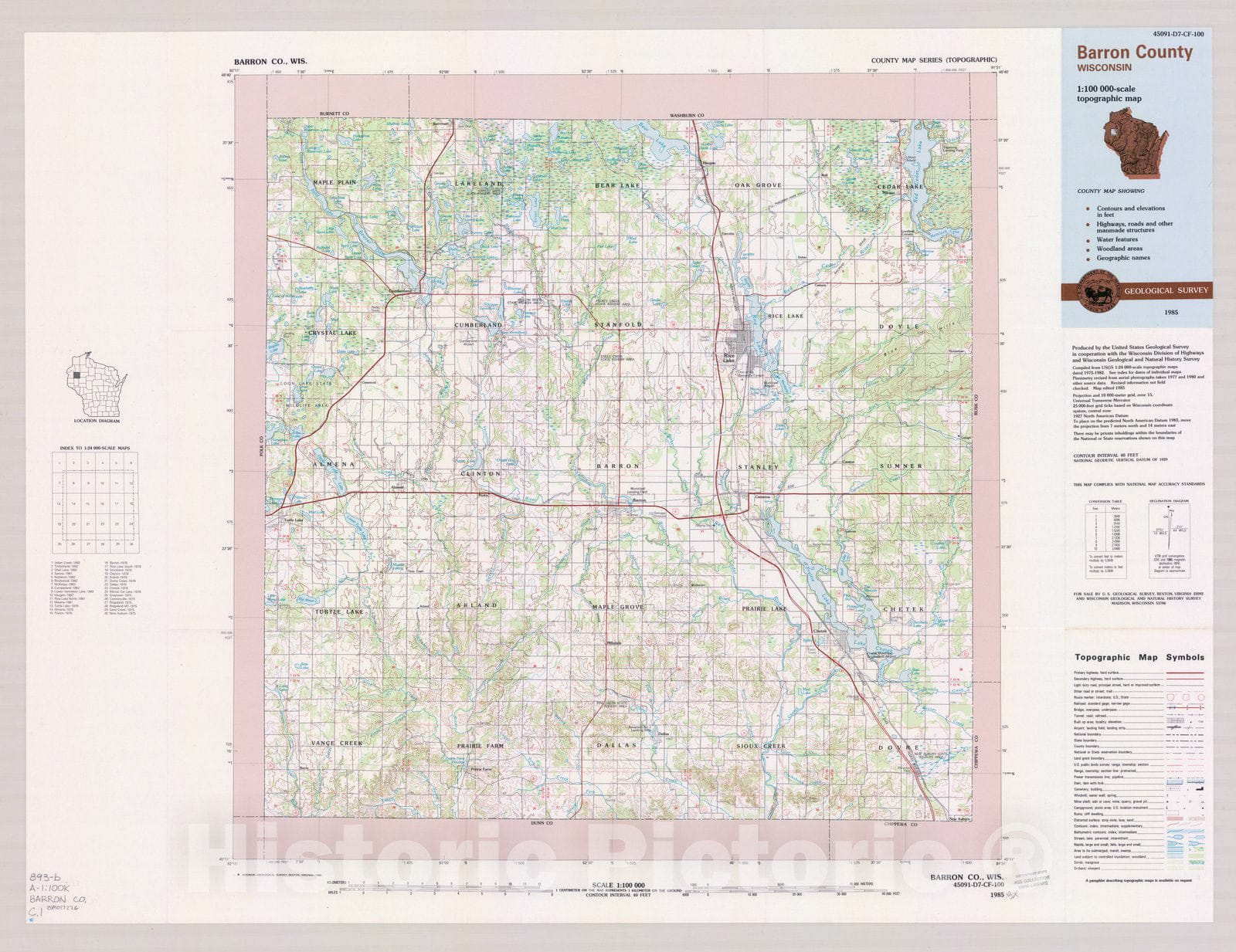 Map : Barron County, Wisconsin 1985, County map series (topographic), [Wisconsin] , Antique Vintage Reproduction