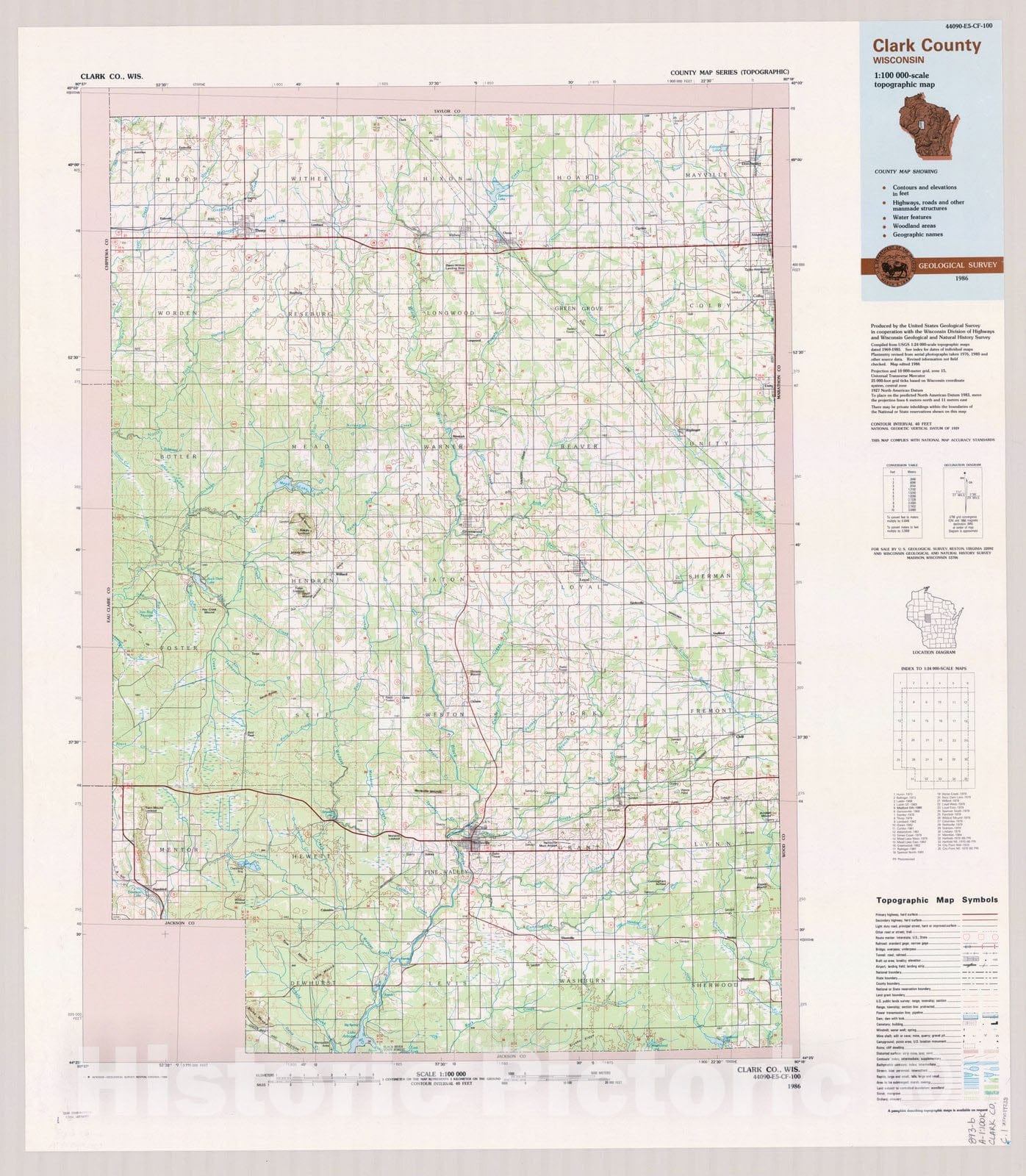 Map : Clark County, Wisconsin 1986, County map series (topographic), [Wisconsin] , Antique Vintage Reproduction