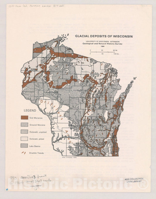Map : Wisconsin 1964, Glacial deposits of Wisconsin , Antique Vintage Reproduction