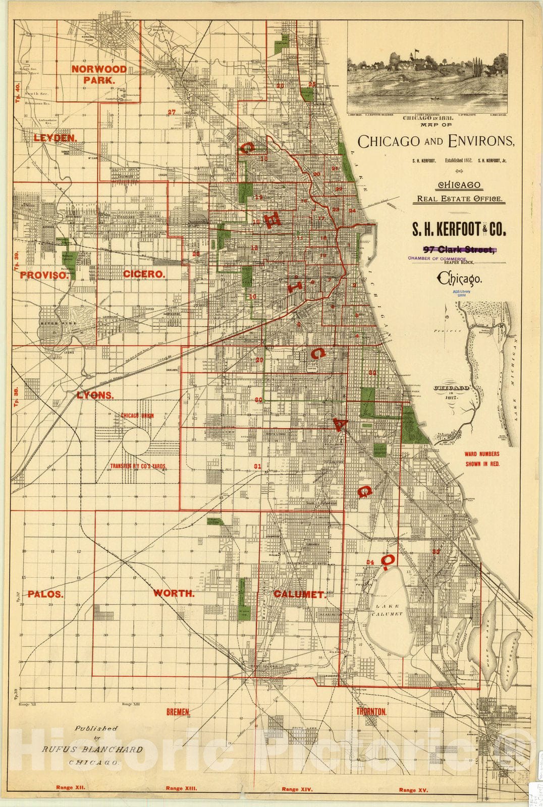 Map : Chicago 1889, Map of Chicago and environs, Antique Vintage Reproduction