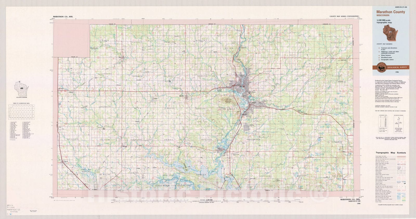 Map : Marathon County, Wisconsin 1986, County map series (topographic), [Wisconsin] , Antique Vintage Reproduction