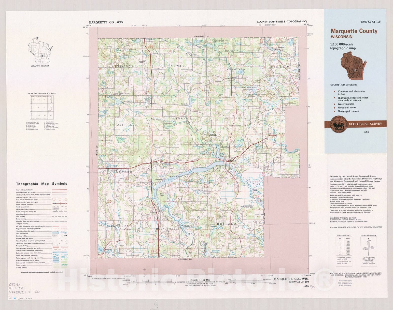 Map : Marquette County, Wisconsin 1985, County map series (topographic), [Wisconsin] , Antique Vintage Reproduction
