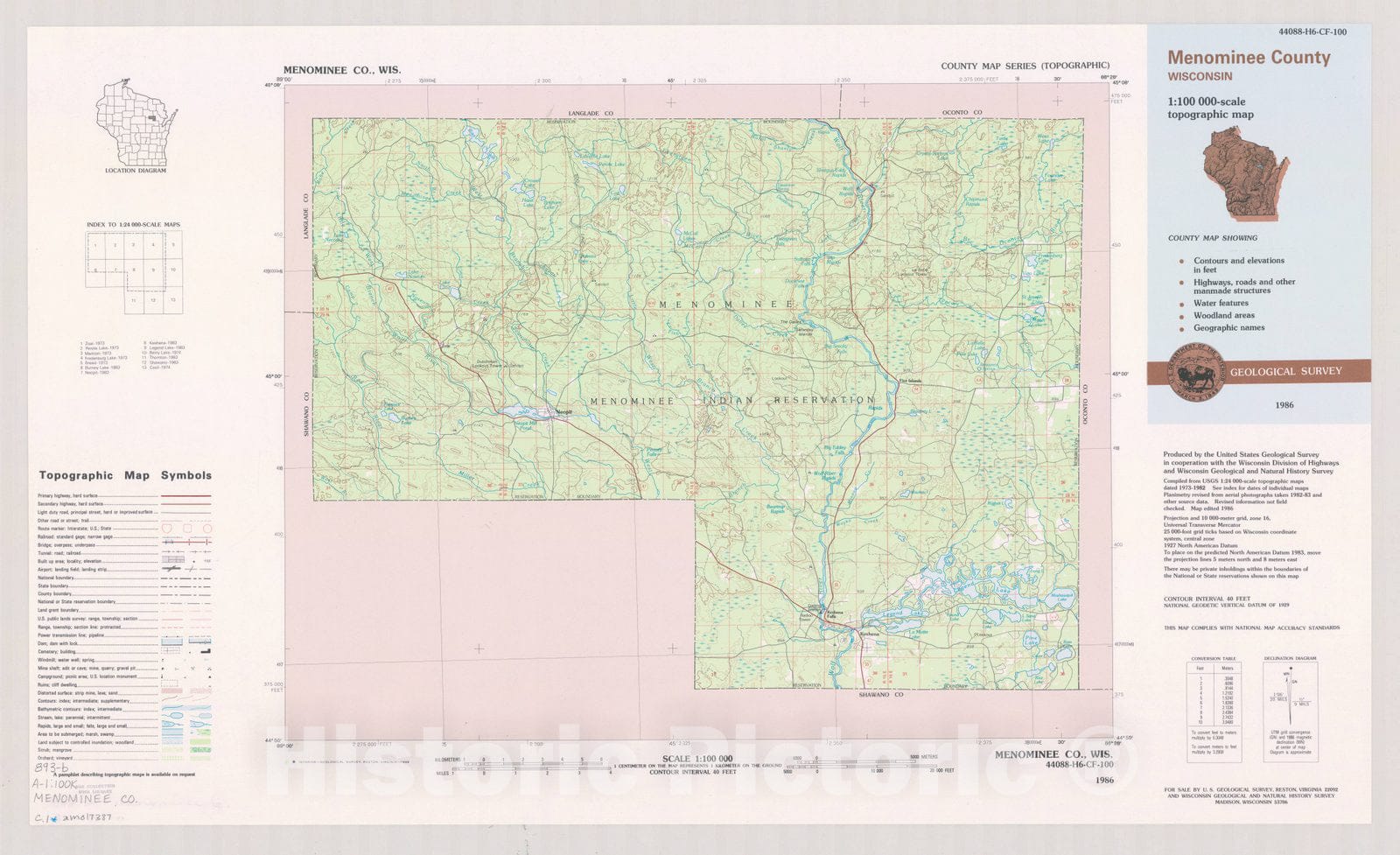 Map : Menominee County, Wisconsin 1986, County map series (topographic), [Wisconsin] , Antique Vintage Reproduction