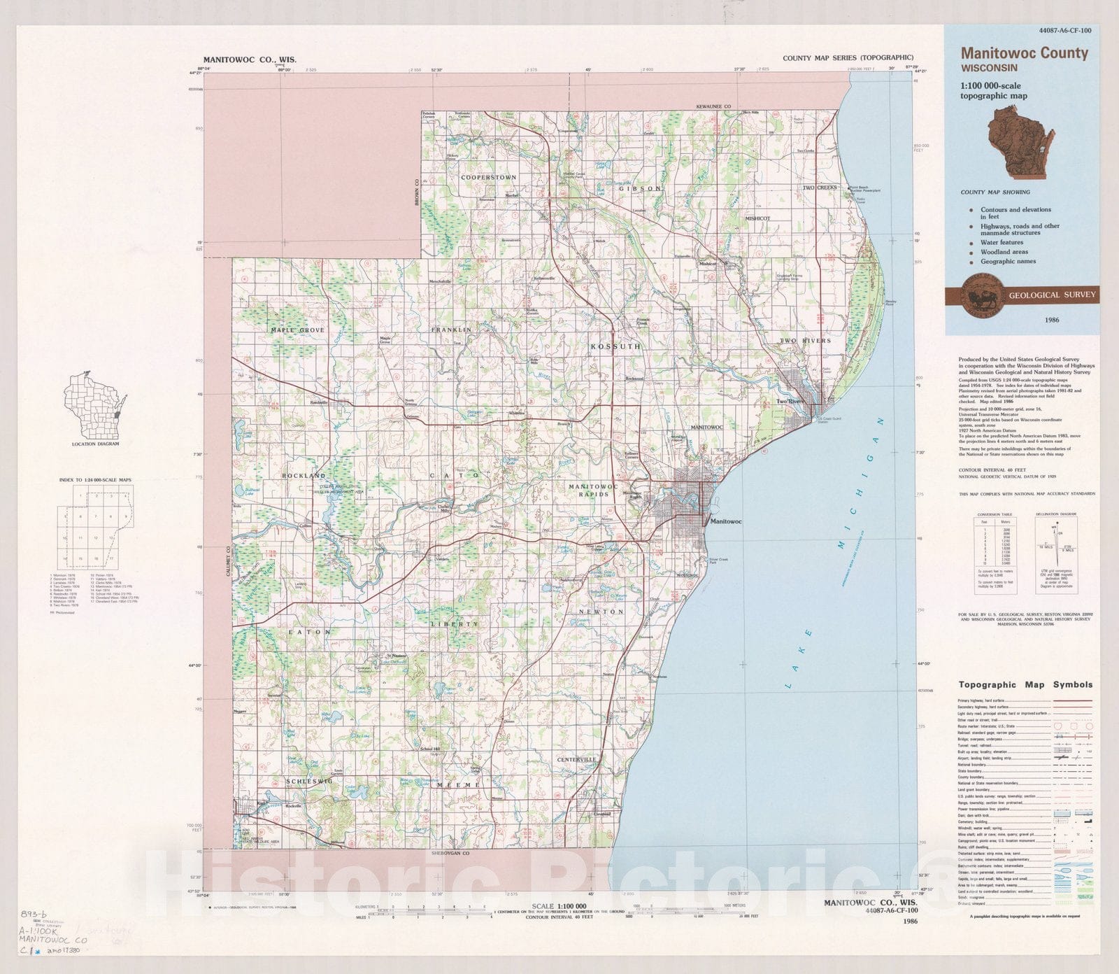 Map : Manitowoc County, Wisconsin 1986, County map series (topographic), [Wisconsin] , Antique Vintage Reproduction