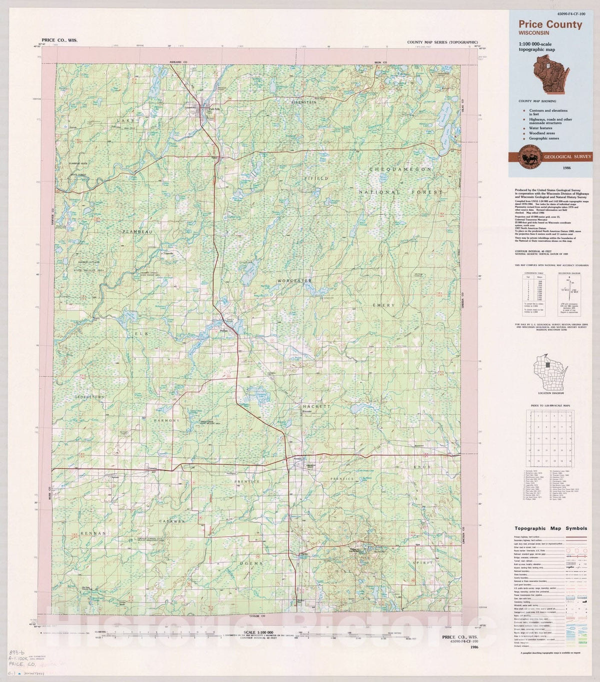 Map : Price County, Wisconsin 1986, County map series (topographic), [Wisconsin] , Antique Vintage Reproduction