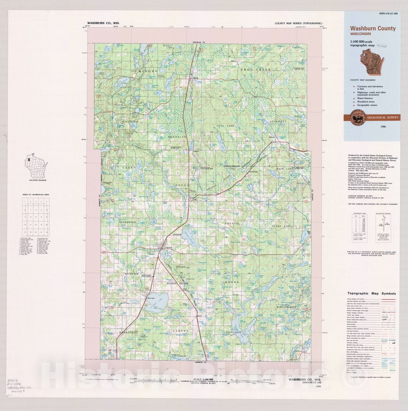 Map : Washburn County, Wisconsin 1986 1, County map series (topographic), [Wisconsin] , Antique Vintage Reproduction