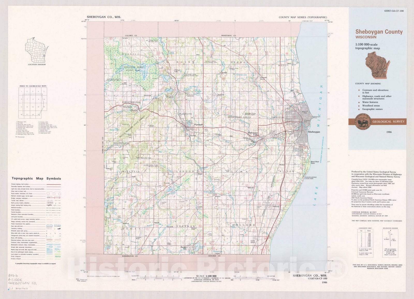 Map : Sheboygan County, Wisconsin 1986, County map series (topographic), [Wisconsin] , Antique Vintage Reproduction