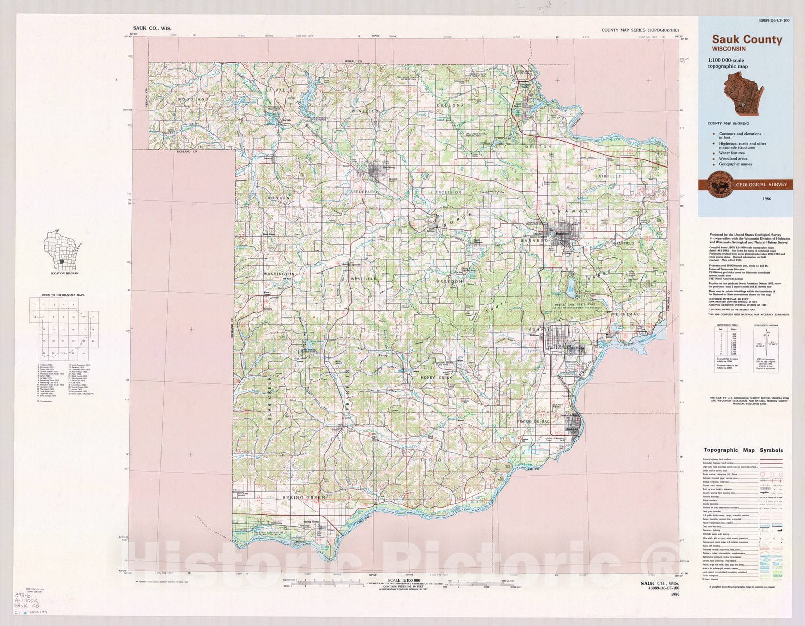 Map : Sauk County, Wisconsin 1986, County map series (topographic), [Wisconsin] , Antique Vintage Reproduction