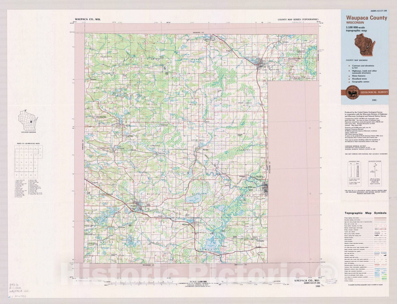 Map : Waupaca County, Wisconsin 1985, County map series (topographic), [Wisconsin] , Antique Vintage Reproduction