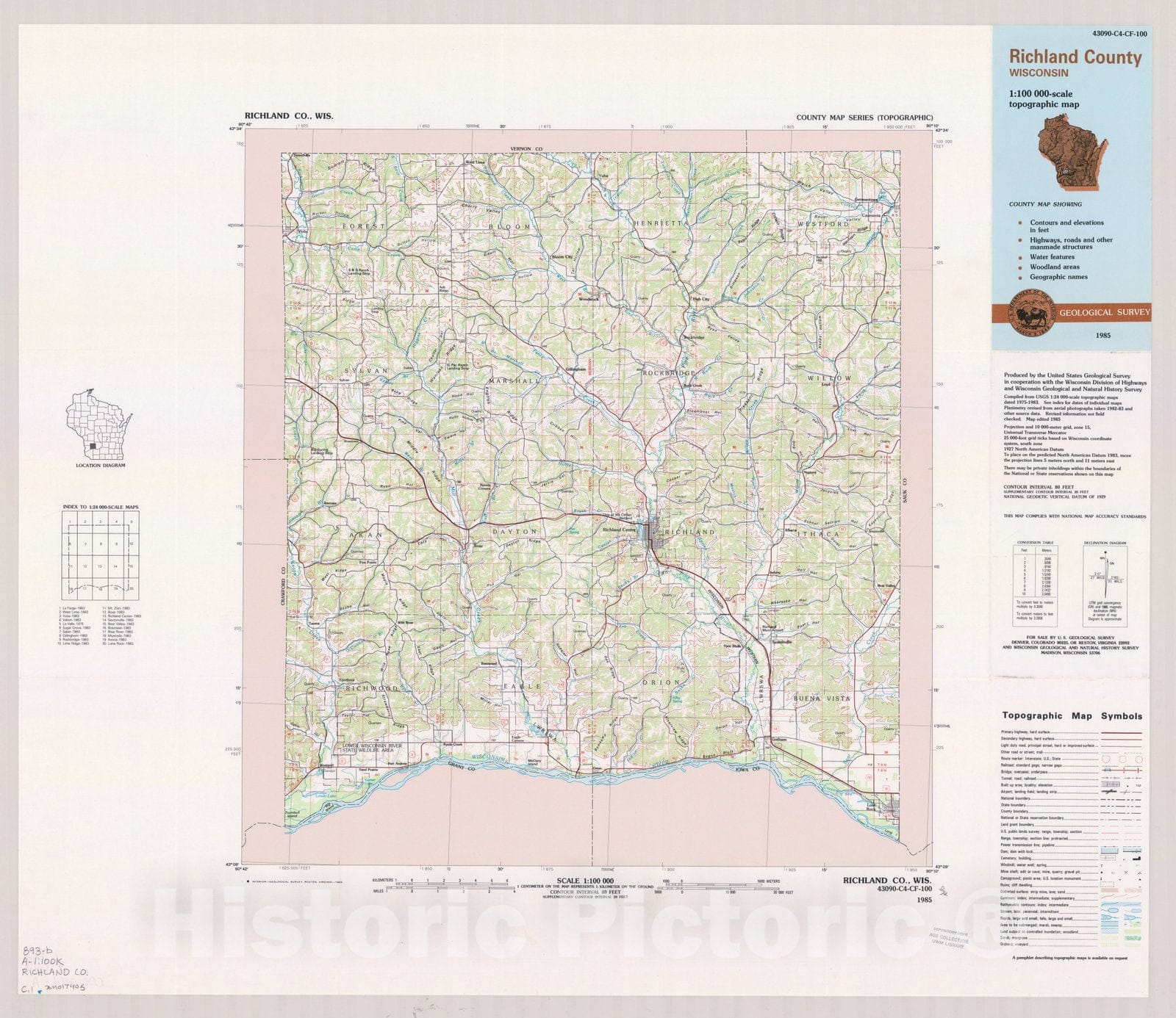 Map : Richland County, Wisconsin 1985, County map series (topographic), [Wisconsin] , Antique Vintage Reproduction
