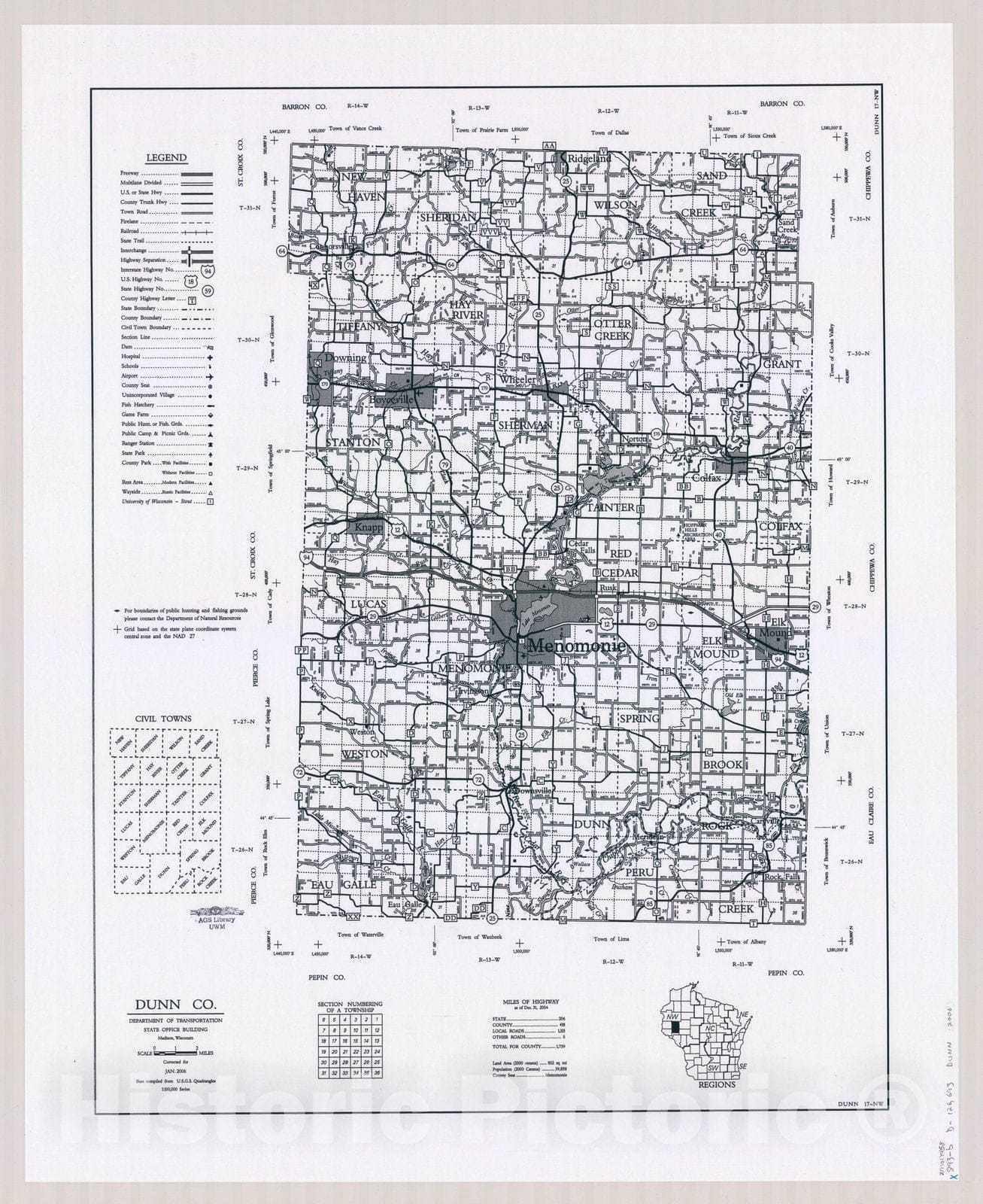 Map : Dunn County, Wisconsin 1984 1, [Wisconsin county transportation maps] , Antique Vintage Reproduction